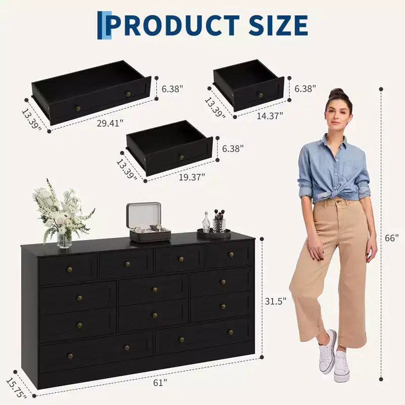 Commode à 12 tiroirs pour chambre, meuble en bois de 61W avec poignées en métal, meuble TV pour téléviseurs jusqu’à 65 pouces, rangement pour vêtements