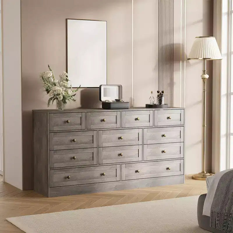 Commode à 12 tiroirs pour chambre, meuble en bois de 61W avec poignées en métal, meuble TV pour téléviseurs jusqu’à 65 pouces, rangement pour vêtements