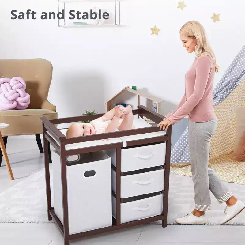 Table à langer, station pour bébé avec panier à linge, rangement à paniers à 3 tiroirs