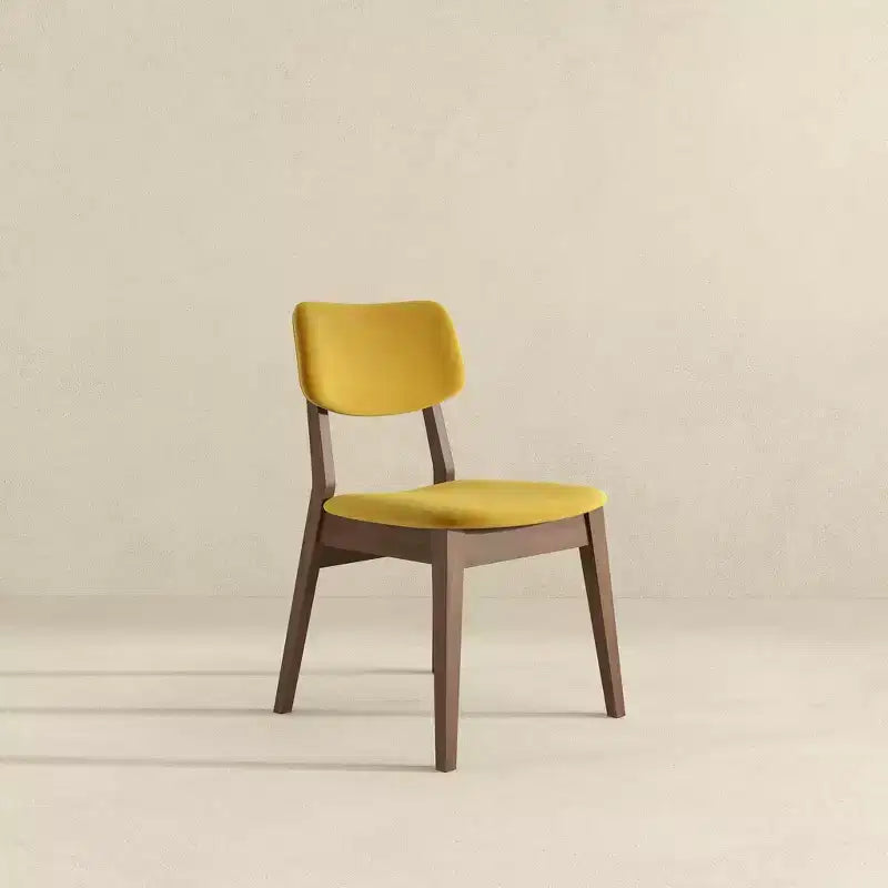 Juego de 2 sillas de comedor de terciopelo amarillo oscuro, patas de madera maciza, asiento y respaldo acolchados, sillas auxiliares sin brazos para cocina, comedor o sala de estar