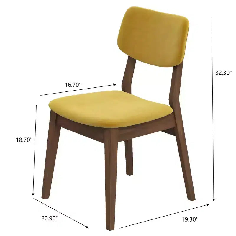 Set aus 2 dunkelgelben Samt-Esszimmerstühlen mit Beinen aus Massivholz, gepolsterter Sitzfläche und Rückenlehne, armlose Stühle für Küche, Ess- oder Wohnzimmer