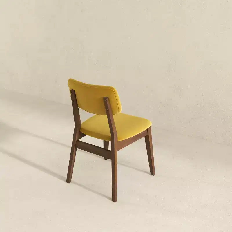 Set aus 2 dunkelgelben Samt-Esszimmerstühlen mit Beinen aus Massivholz, gepolsterter Sitzfläche und Rückenlehne, armlose Stühle für Küche, Ess- oder Wohnzimmer