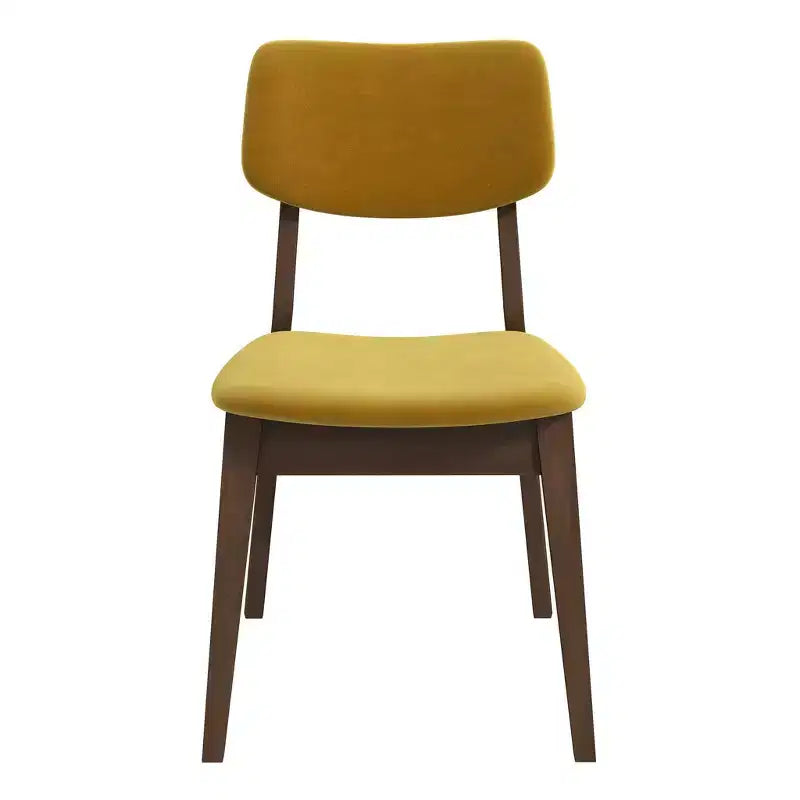 Juego de 2 sillas de comedor de terciopelo amarillo oscuro, patas de madera maciza, asiento y respaldo acolchados, sillas auxiliares sin brazos para cocina, comedor o sala de estar