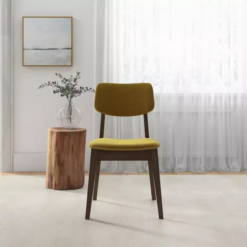 Juego de 2 sillas de comedor de terciopelo amarillo oscuro, patas de madera maciza, asiento y respaldo acolchados, sillas auxiliares sin brazos para cocina, comedor o sala de estar