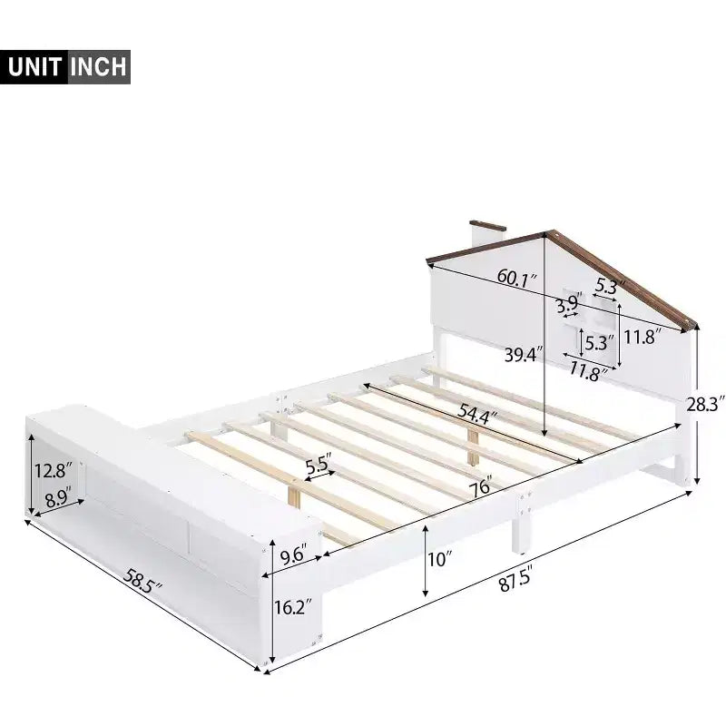 Cadre de lit double avec tiroirs de rangement et lumière LED, lit plateforme en bois moderne blanc pour chambre d’enfant ou d’adolescent