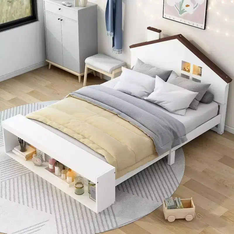 Cadre de lit double avec tiroirs de rangement et lumière LED, lit plateforme en bois moderne blanc pour chambre d’enfant ou d’adolescent