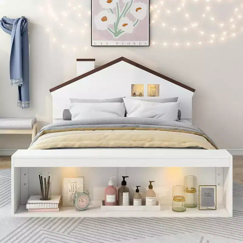 Estructura de cama matrimonial con cajones de almacenamiento y luz LED, cama de plataforma de madera moderna blanca para dormitorio de niños y adolescentes