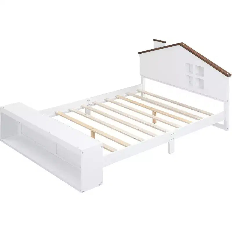 Cadre de lit double avec tiroirs de rangement et lumière LED, lit plateforme en bois moderne blanc pour chambre d’enfant ou d’adolescent