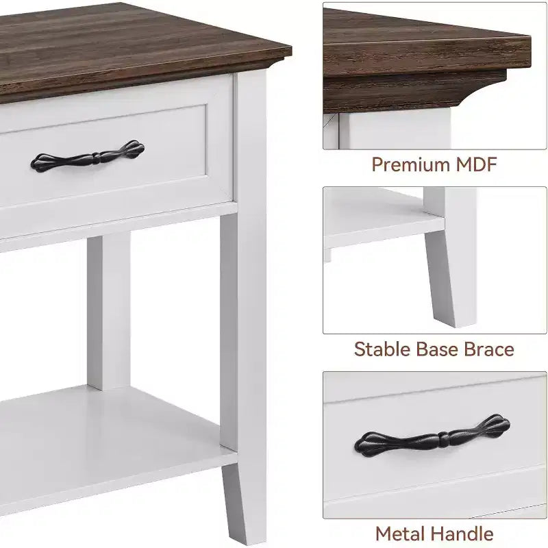 Ensemble de 2 tables d’appoint pour le salon, tables de chevet de style maison de campagne avec tiroir de rangement et étagère, tables de chevet en bois pour chambre ou entrée, blanc