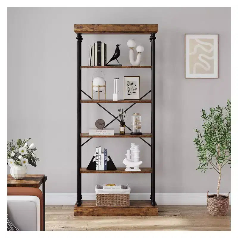Bibliothèque à 5 niveaux, étagère de rangement avec cadre en métal, bibliothèque autoportante ouverte pour chambre, salon ou bureau à domicile