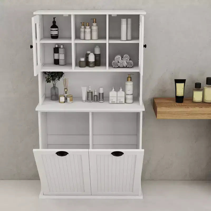 Armoire de rangement haute avec panier à linge sale basculant, armoire avec 2 étagères réglables et portes pour le salon