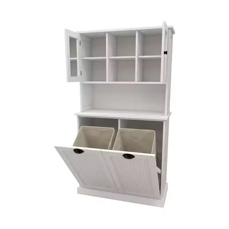Armoire de rangement haute avec panier à linge sale basculant, armoire avec 2 étagères réglables et portes pour le salon
