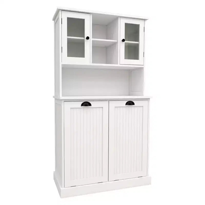 Armoire de rangement haute avec panier à linge sale basculant, armoire avec 2 étagères réglables et portes pour le salon