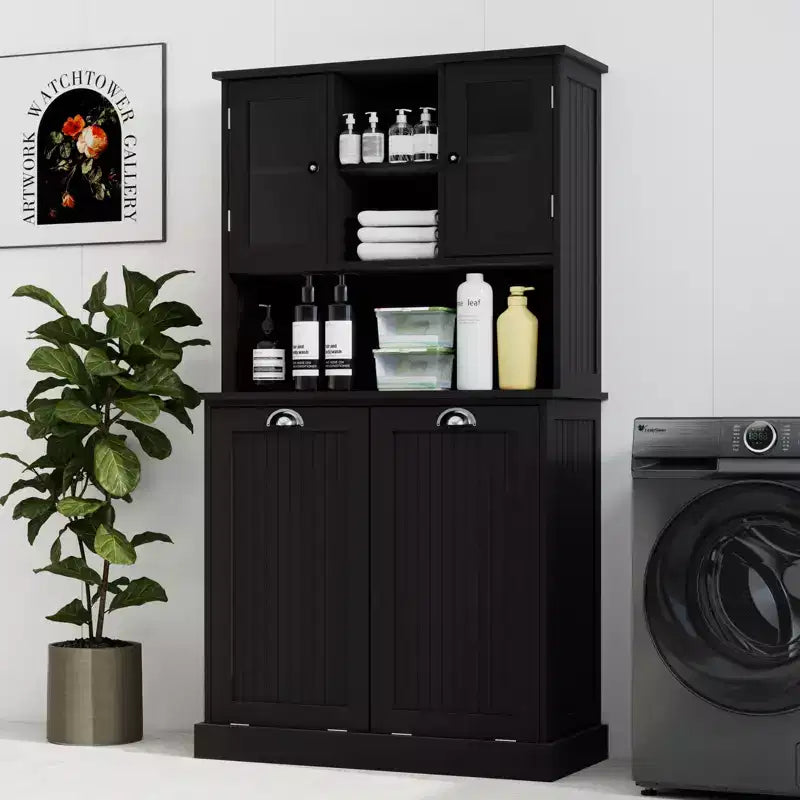 Armoire de rangement haute avec panier à linge sale basculant, armoire avec 2 étagères réglables et portes pour le salon