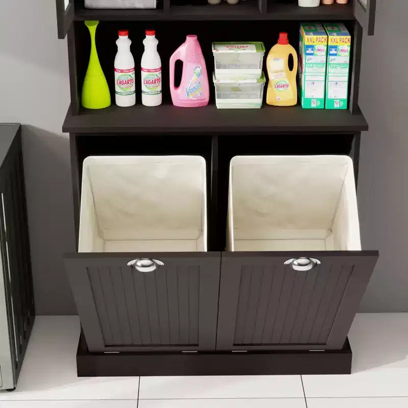 Armoire de rangement haute avec panier à linge sale basculant, armoire avec 2 étagères réglables et portes pour le salon