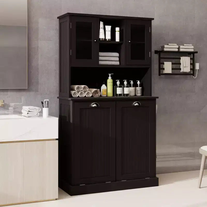 Armoire de rangement haute avec panier à linge sale basculant, armoire avec 2 étagères réglables et portes pour le salon