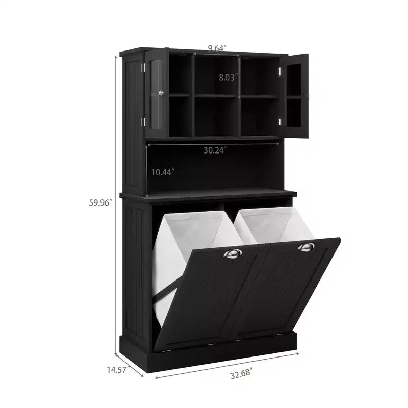 Armoire de rangement haute avec panier à linge sale basculant, armoire avec 2 étagères réglables et portes pour le salon