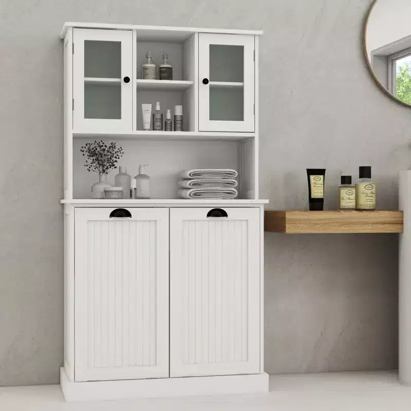Armoire de rangement haute avec panier à linge sale basculant, armoire avec 2 étagères réglables et portes pour le salon