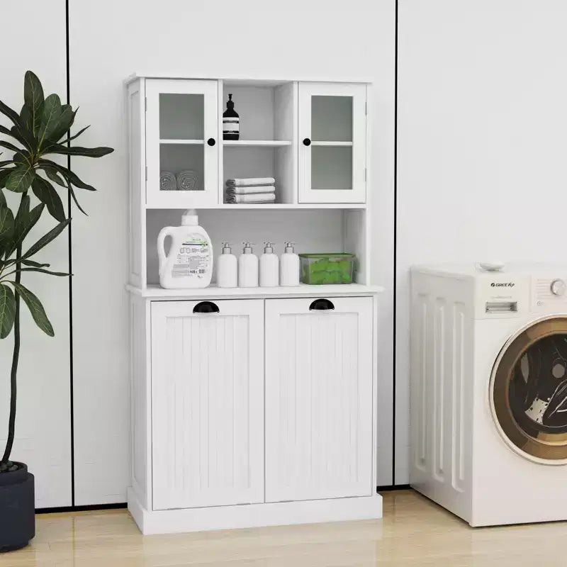 Armoire de rangement haute avec panier à linge sale basculant, armoire avec 2 étagères réglables et portes pour le salon