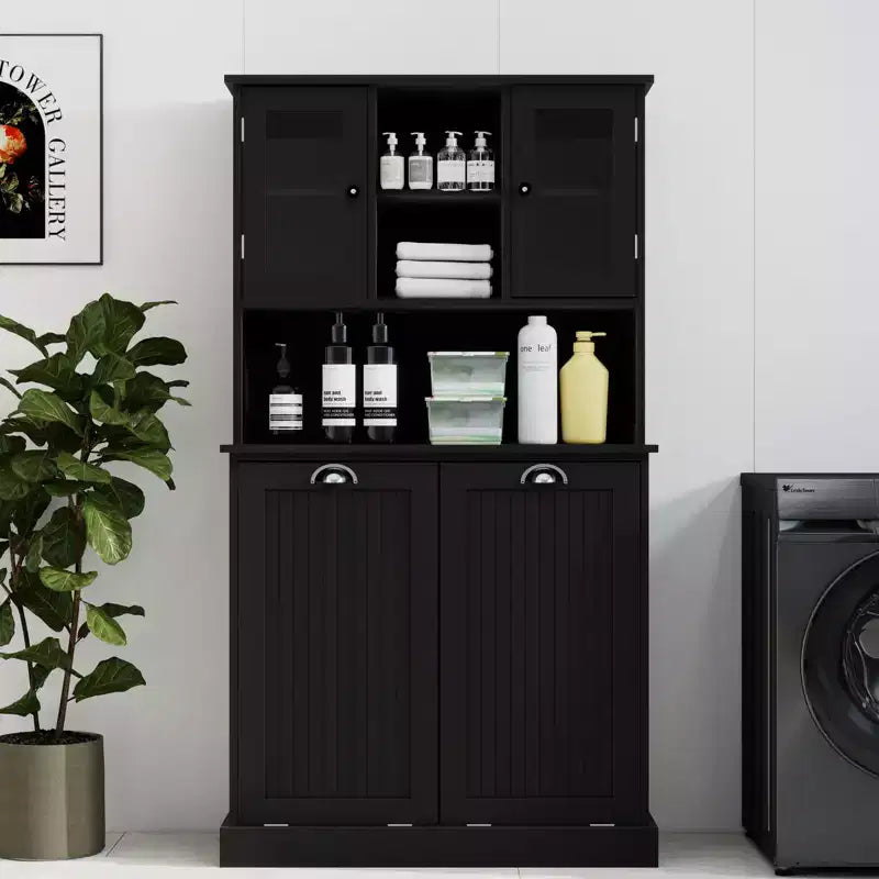 Armoire de rangement haute avec panier à linge sale basculant, armoire avec 2 étagères réglables et portes pour le salon