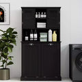 Armoire de rangement haute avec panier à linge sale basculant, armoire avec 2 étagères réglables et portes pour le salon