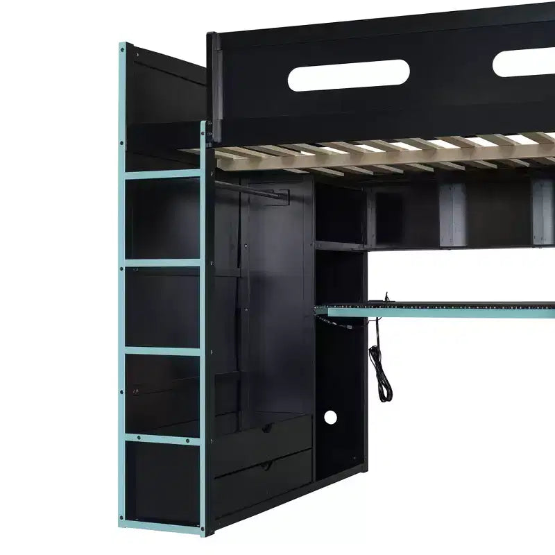 Cama alta de madera de tamaño matrimonial para videojuegos, con escritorio y armario, puerto USB y luz LED para dormitorio de niños, adolescentes y adultos