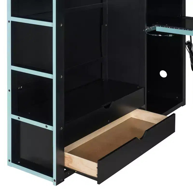 Cama alta de madera de tamaño matrimonial para videojuegos, con escritorio y armario, puerto USB y luz LED para dormitorio de niños, adolescentes y adultos