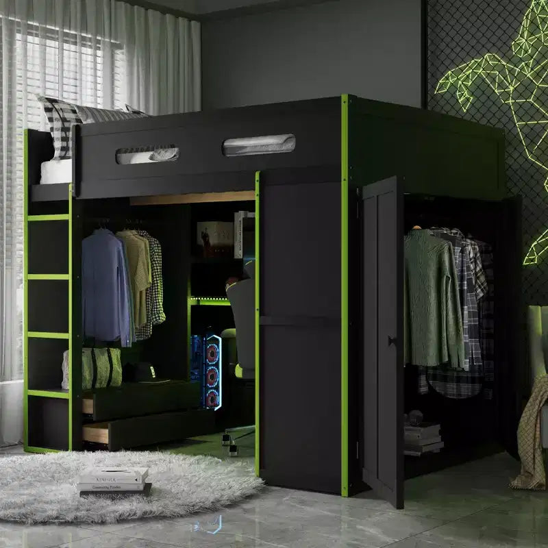 Cama alta de madera de tamaño matrimonial para videojuegos, con escritorio y armario, puerto USB y luz LED para dormitorio de niños, adolescentes y adultos