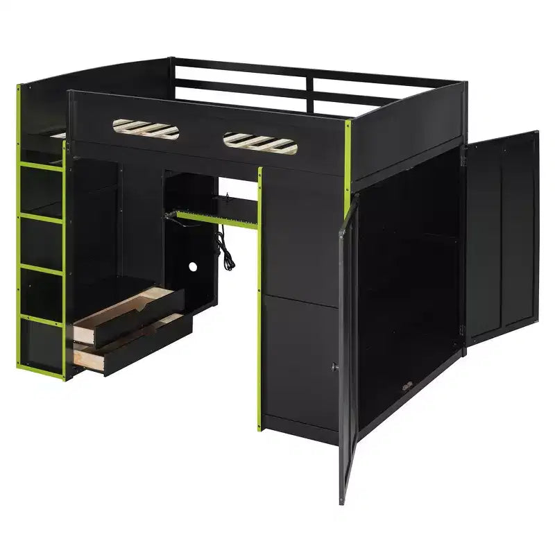 Cama alta de madera de tamaño matrimonial para videojuegos, con escritorio y armario, puerto USB y luz LED para dormitorio de niños, adolescentes y adultos