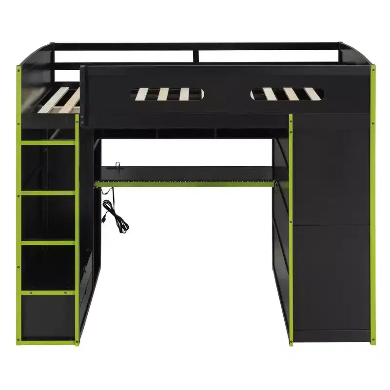 Cama alta de madera de tamaño matrimonial para videojuegos, con escritorio y armario, puerto USB y luz LED para dormitorio de niños, adolescentes y adultos