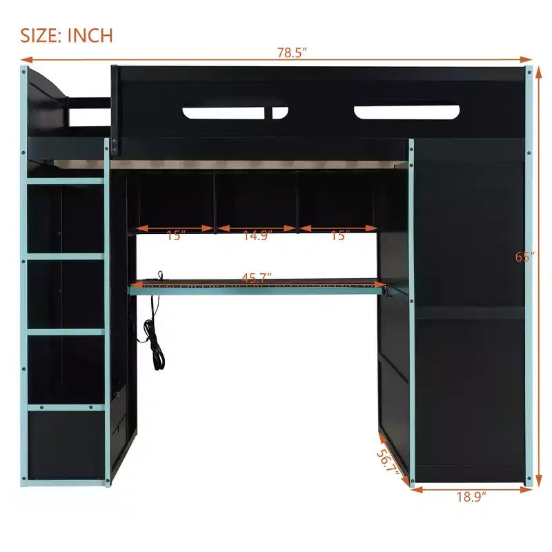 Lit mezzanine de taille standard en bois avec bureau et armoire, port USB et lumière LED pour chambre d’enfant, d’adolescent ou d’adulte