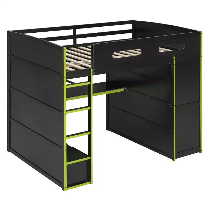 Cama alta de madera de tamaño matrimonial para videojuegos, con escritorio y armario, puerto USB y luz LED para dormitorio de niños, adolescentes y adultos