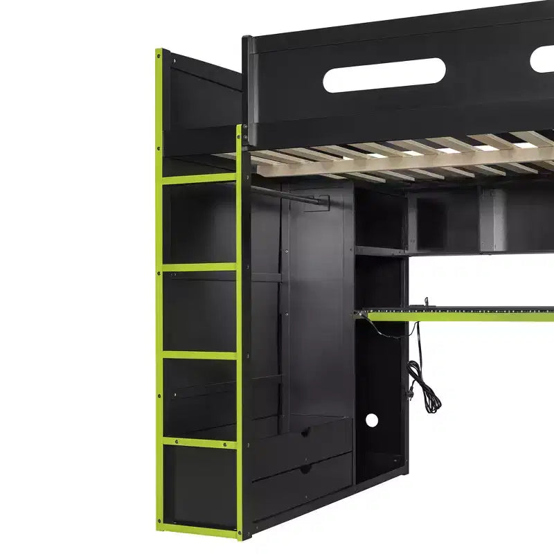 Cama alta de madera de tamaño matrimonial para videojuegos, con escritorio y armario, puerto USB y luz LED para dormitorio de niños, adolescentes y adultos