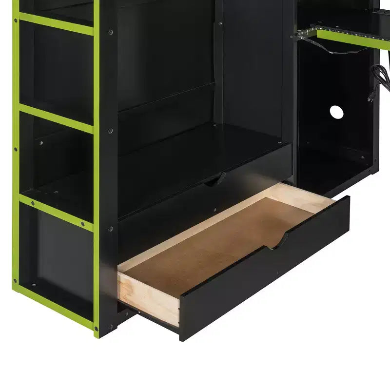 Cama alta de madera de tamaño matrimonial para videojuegos, con escritorio y armario, puerto USB y luz LED para dormitorio de niños, adolescentes y adultos