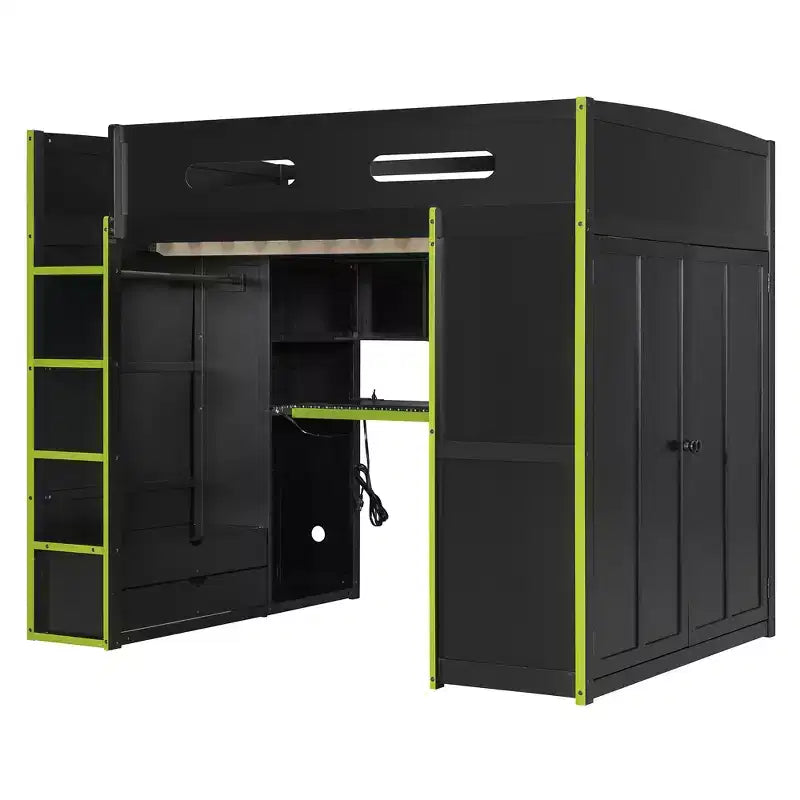 Cama alta de madera de tamaño matrimonial para videojuegos, con escritorio y armario, puerto USB y luz LED para dormitorio de niños, adolescentes y adultos