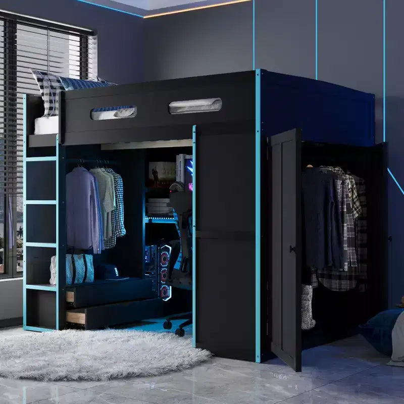 Cama alta de madera de tamaño matrimonial para videojuegos, con escritorio y armario, puerto USB y luz LED para dormitorio de niños, adolescentes y adultos
