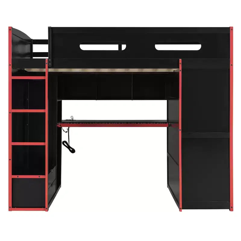 Cama alta de madera de tamaño matrimonial para videojuegos, con escritorio y armario, puerto USB y luz LED para dormitorio de niños, adolescentes y adultos