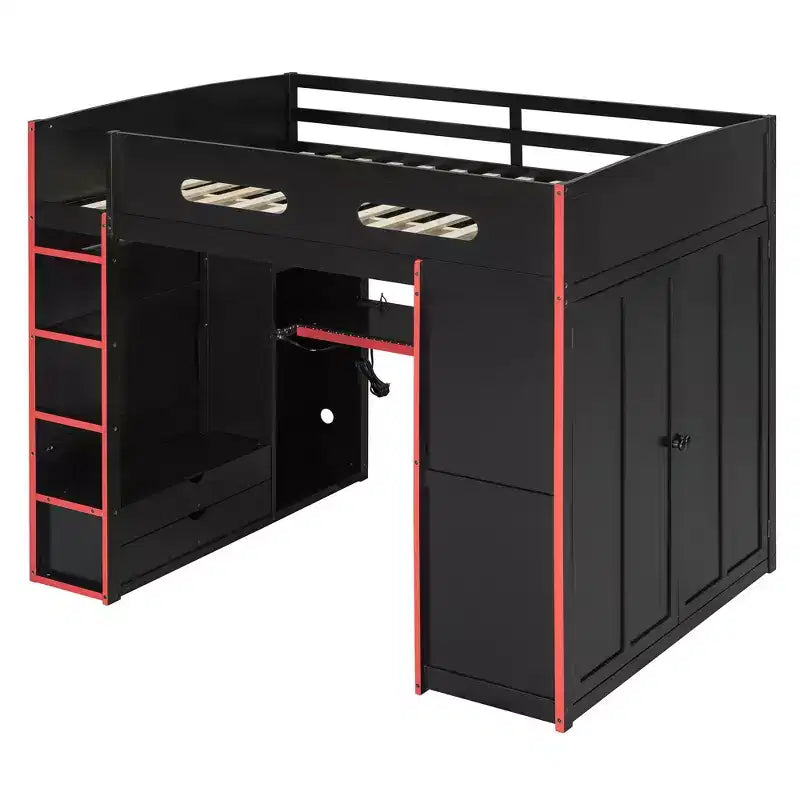 Cama alta de madera de tamaño matrimonial para videojuegos, con escritorio y armario, puerto USB y luz LED para dormitorio de niños, adolescentes y adultos