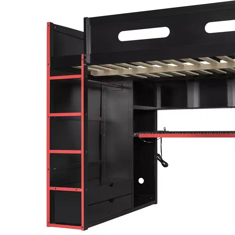 Cama alta de madera de tamaño matrimonial para videojuegos, con escritorio y armario, puerto USB y luz LED para dormitorio de niños, adolescentes y adultos