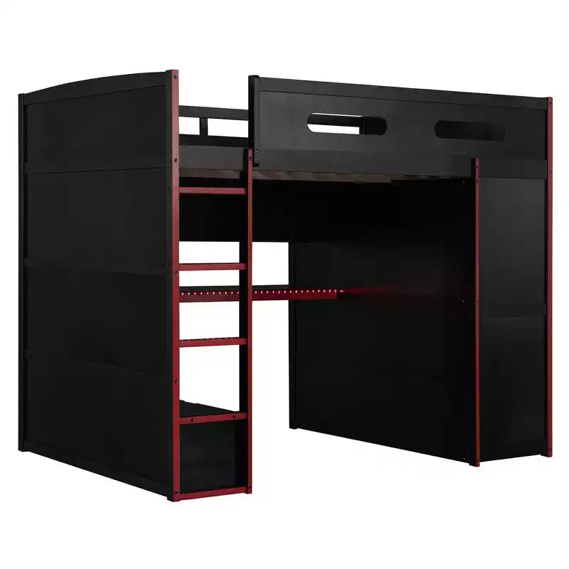 Cama alta de madera de tamaño matrimonial para videojuegos, con escritorio y armario, puerto USB y luz LED para dormitorio de niños, adolescentes y adultos