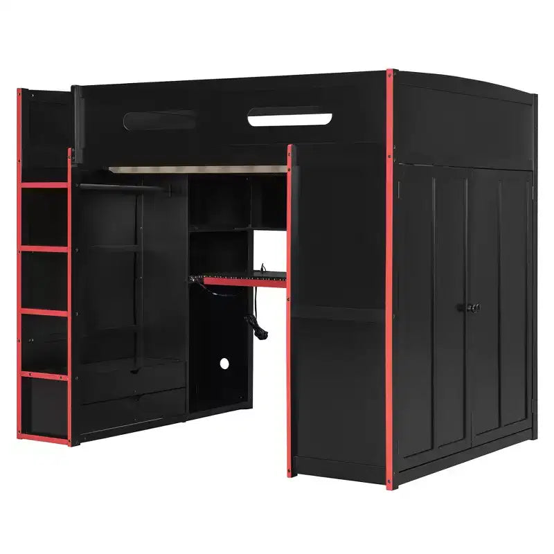 Cama alta de madera de tamaño matrimonial para videojuegos, con escritorio y armario, puerto USB y luz LED para dormitorio de niños, adolescentes y adultos