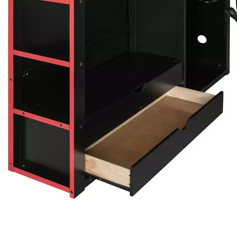 Cama alta de madera de tamaño matrimonial para videojuegos, con escritorio y armario, puerto USB y luz LED para dormitorio de niños, adolescentes y adultos