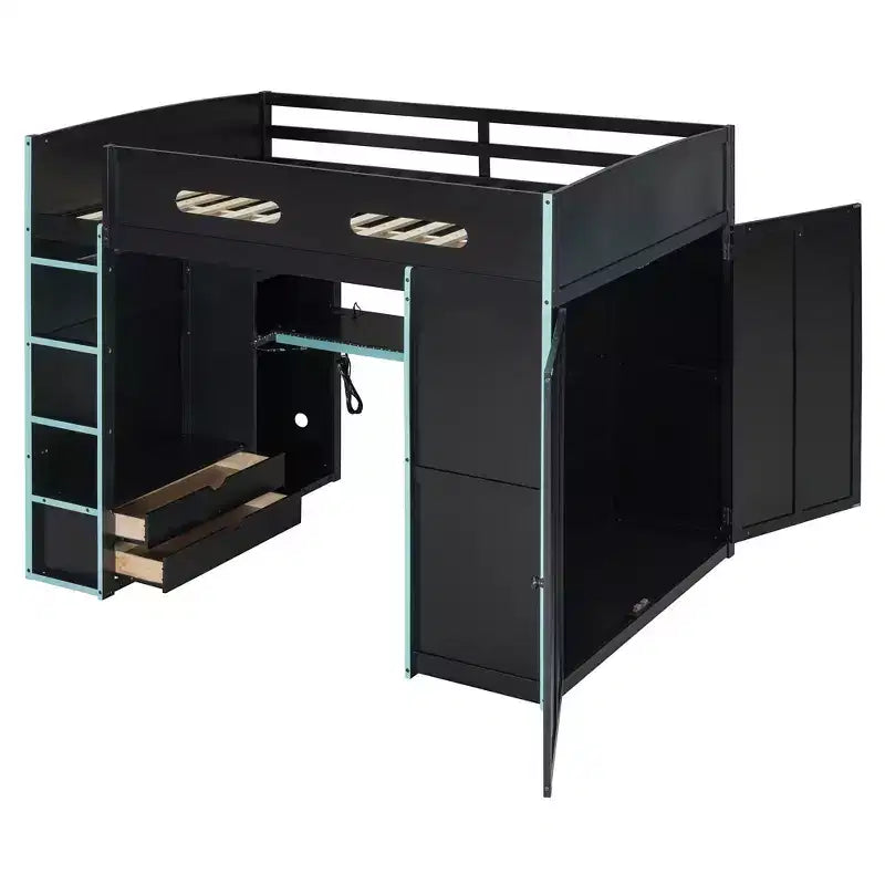 Cama alta de madera de tamaño matrimonial para videojuegos, con escritorio y armario, puerto USB y luz LED para dormitorio de niños, adolescentes y adultos