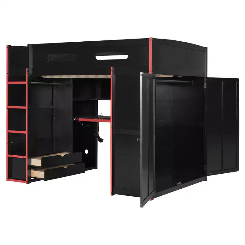 Cama alta de madera de tamaño matrimonial para videojuegos, con escritorio y armario, puerto USB y luz LED para dormitorio de niños, adolescentes y adultos
