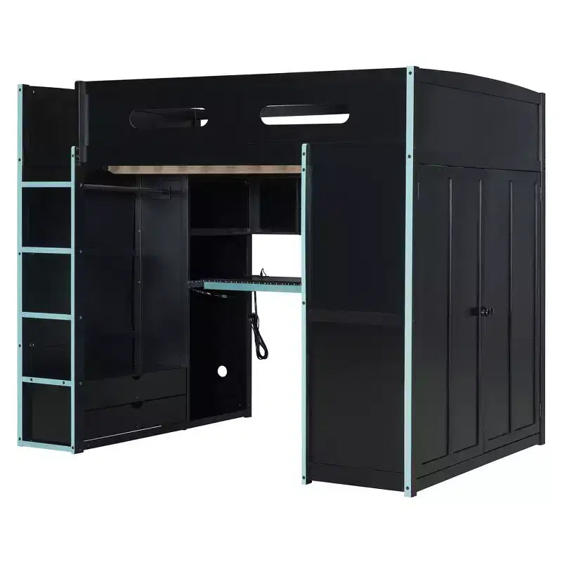Cama alta de madera de tamaño matrimonial para videojuegos, con escritorio y armario, puerto USB y luz LED para dormitorio de niños, adolescentes y adultos