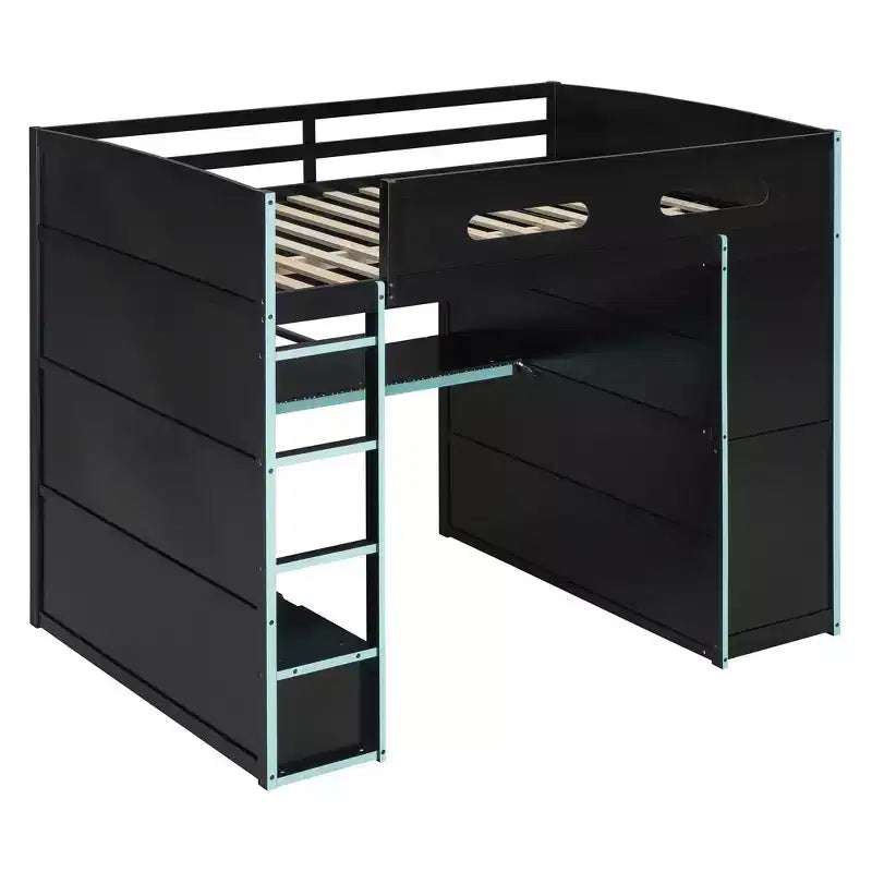 Cama alta de madera de tamaño matrimonial para videojuegos, con escritorio y armario, puerto USB y luz LED para dormitorio de niños, adolescentes y adultos