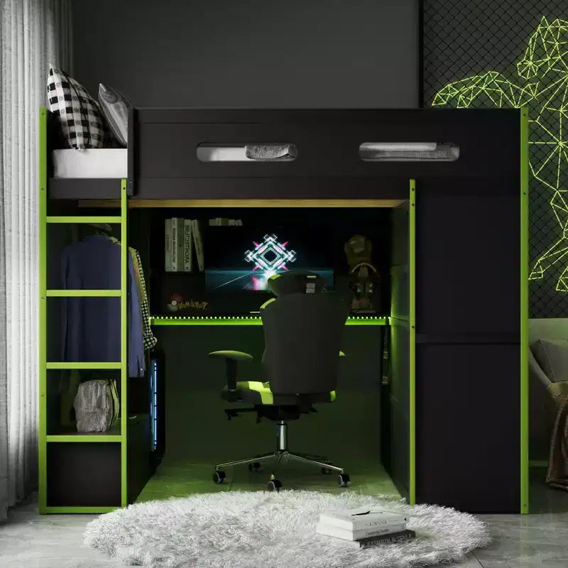Lit mezzanine de taille standard en bois avec bureau et armoire, port USB et lumière LED pour chambre d’enfant, d’adolescent ou d’adulte