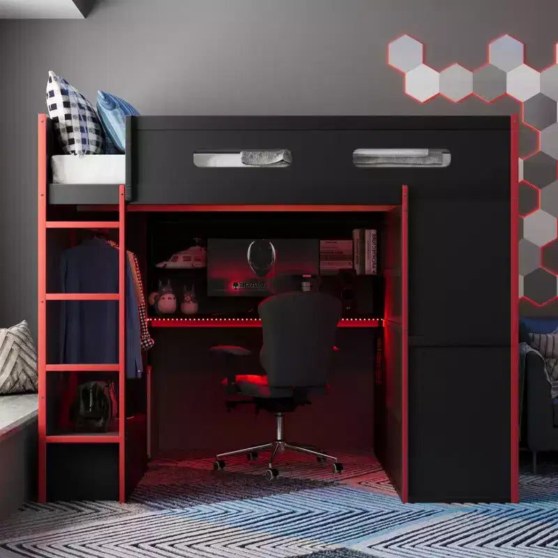 Lit mezzanine de taille standard en bois avec bureau et armoire, port USB et lumière LED pour chambre d’enfant, d’adolescent ou d’adulte
