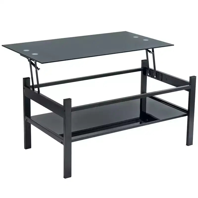 Table basse relevable en verre avec plateau en verre trempé à 2 niveaux et piètement en métal, table moderne pour salon