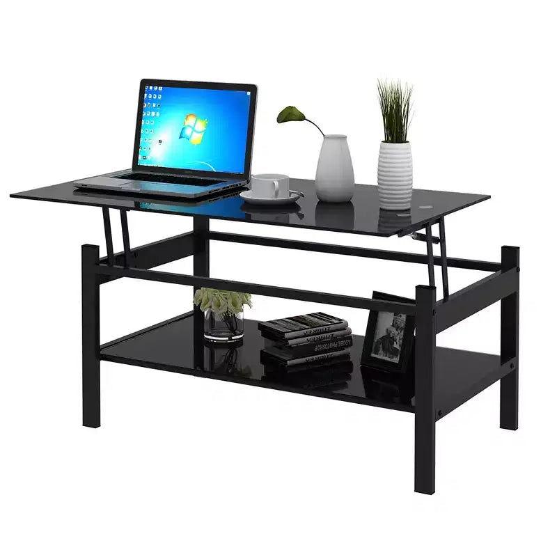Table basse relevable en verre avec plateau en verre trempé à 2 niveaux et piètement en métal, table moderne pour salon